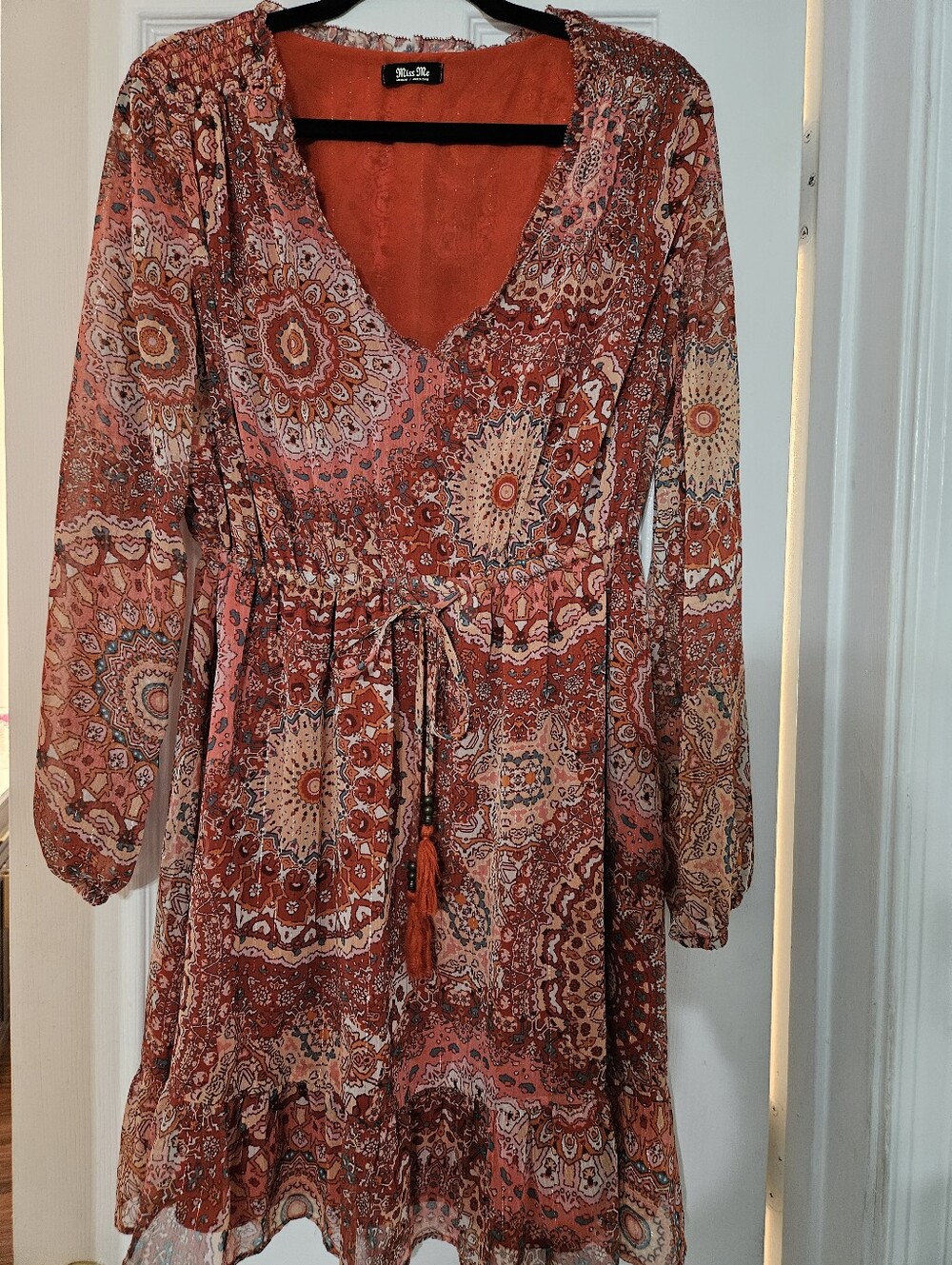Miss Me M Boho Paisley Mandala Dress Tassel Tie Long Sleeve